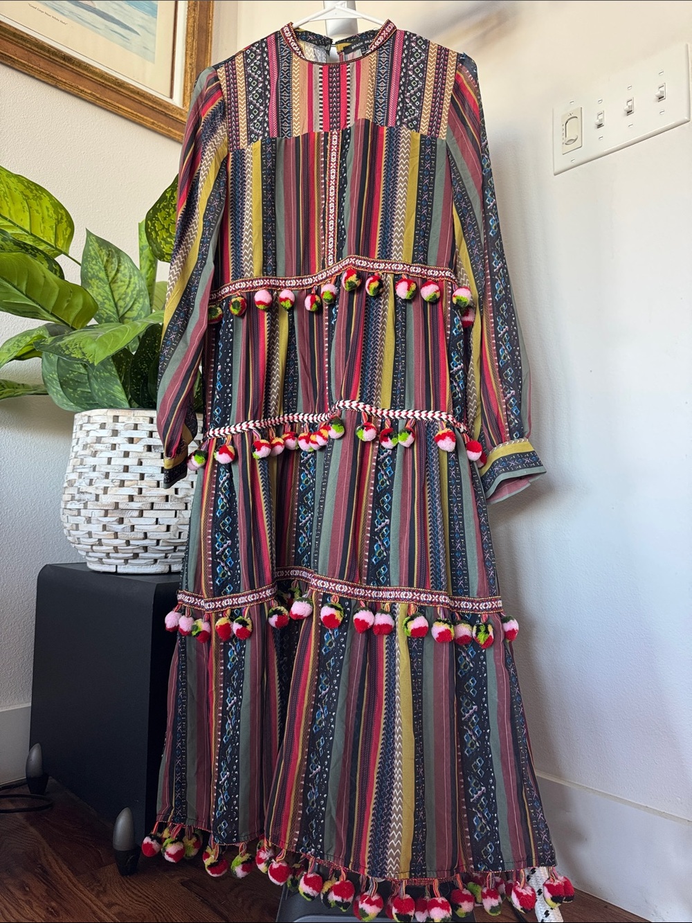 Brach Brach Pom Pom Embroidered Midi/Maxi Dress Sz S Long Sleeve colorful boho - Picture 2 of 12